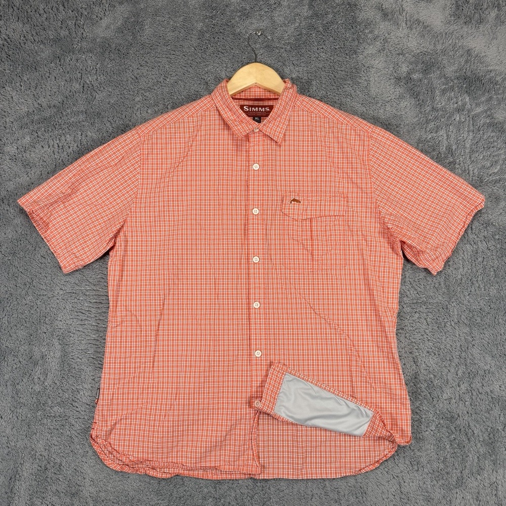 Simms Shirt Mens XL Orange Plaid 100% Cotton Short Sleeve Fishing Outdoor Pocket